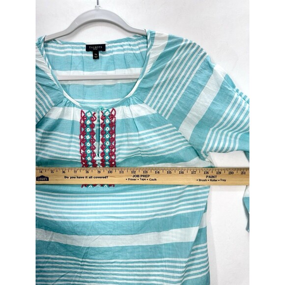 Talbots Peasant Beaded Top Womens MP Blue Stripe Long Sleeve Keyhole Lightweight - Picture 7 of 8
